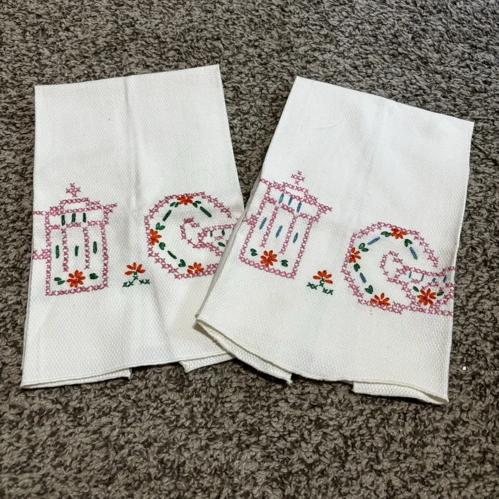 Embroidered Tea Dish Towels Kitchen Cross-Stitch Cooking Vintage Handmade 2
